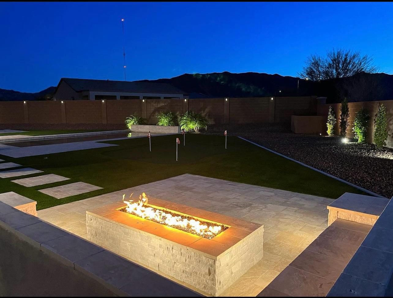 Linear Fire Pit with Turf & Lighting