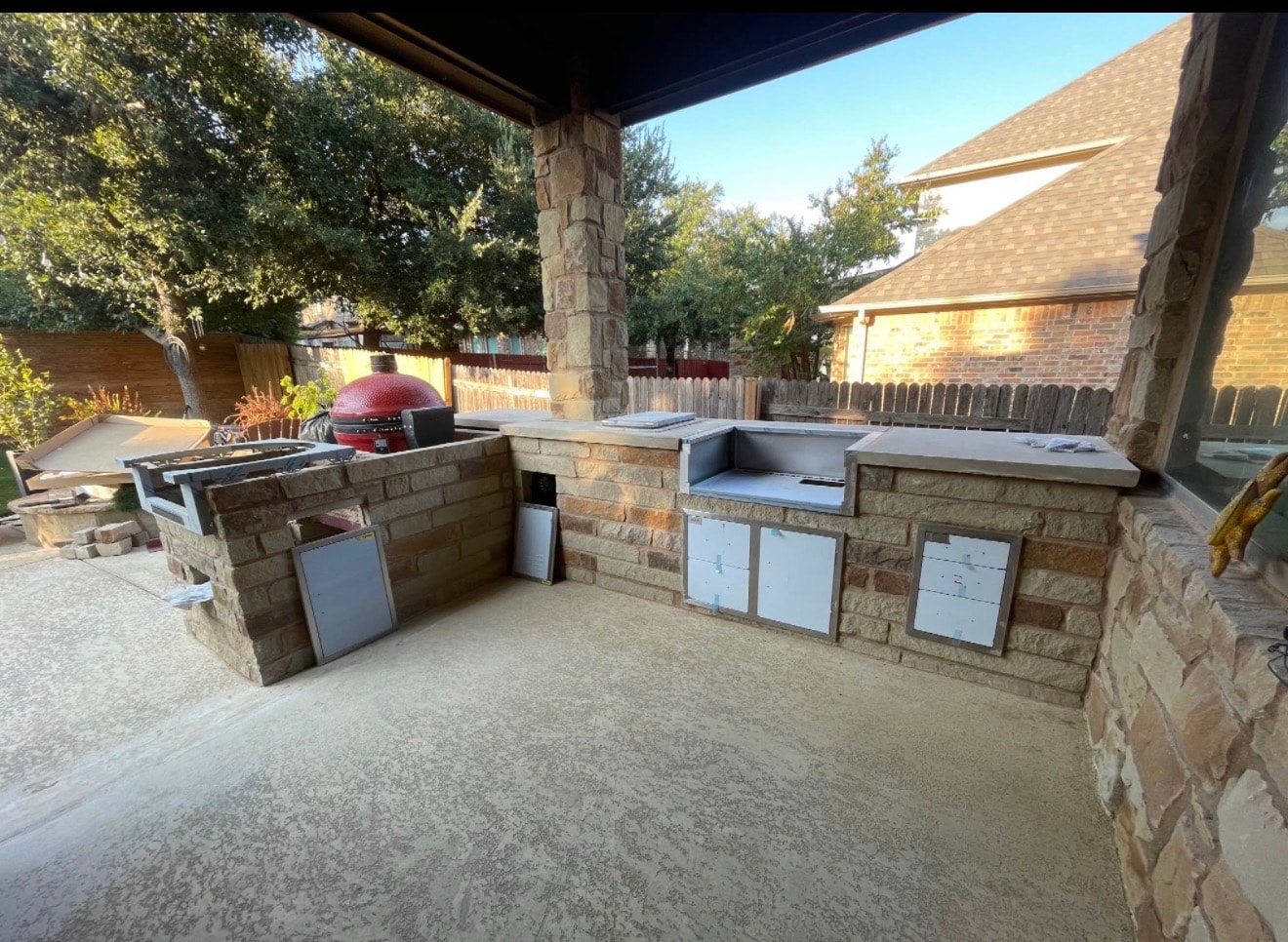 Stone Outdoor Kitchen with Kamado